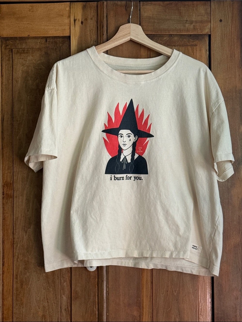 Women’s Life Is Good Cream Short Sleeve Boxy Tee with Witch Graphic